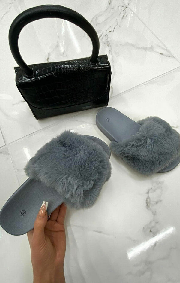 Femme Luxe Grey Fluffy Faux Fur Sliders - Odelia