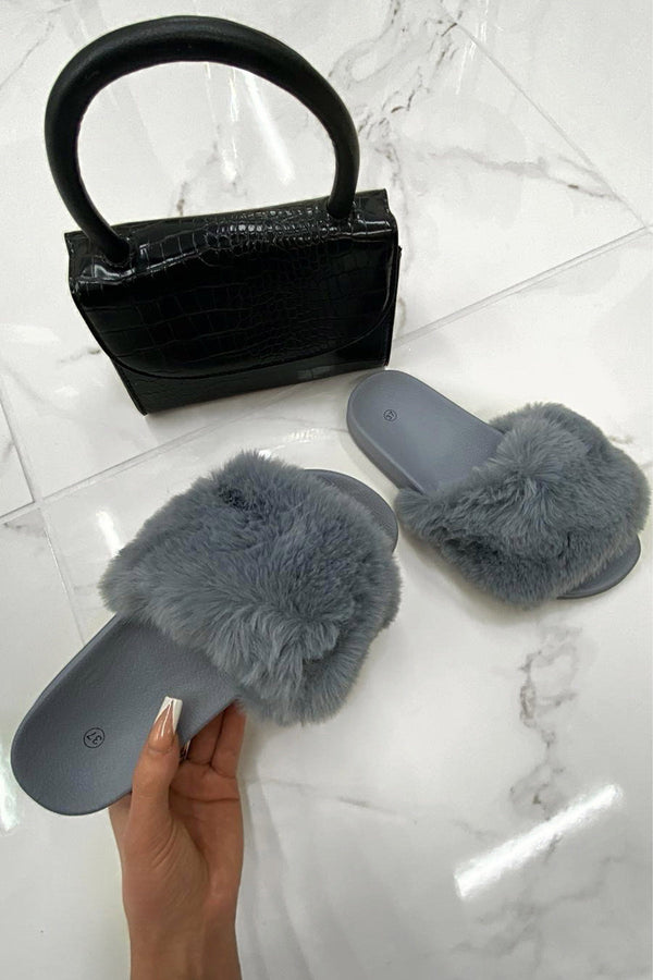 femme luxe Grey Fluffy Faux Fur Sliders - Odelia