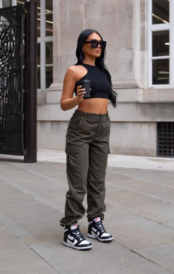 Femme Luxe Khaki Cuffed Cargo Trousers - Nora