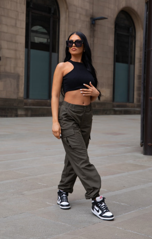 Femme Luxe Khaki Cuffed Cargo Trousers - Nora