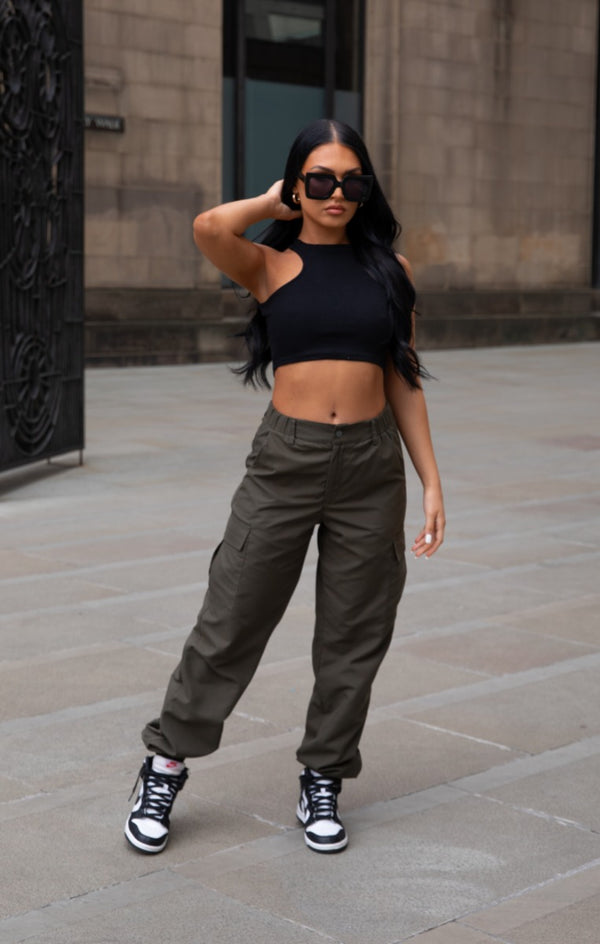 femme luxe Khaki Cuffed Cargo Trousers - Nora