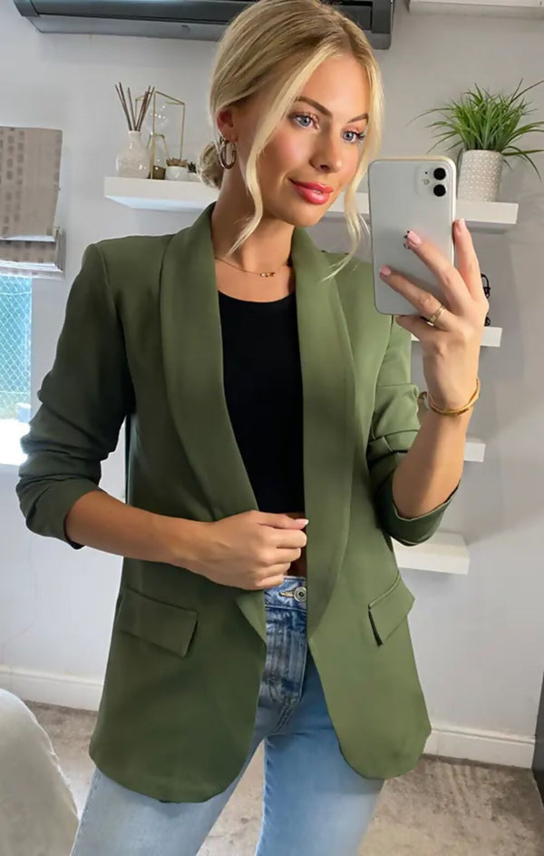 femme luxe Khaki Long Sleeve Pocket Blazer - Tenely
