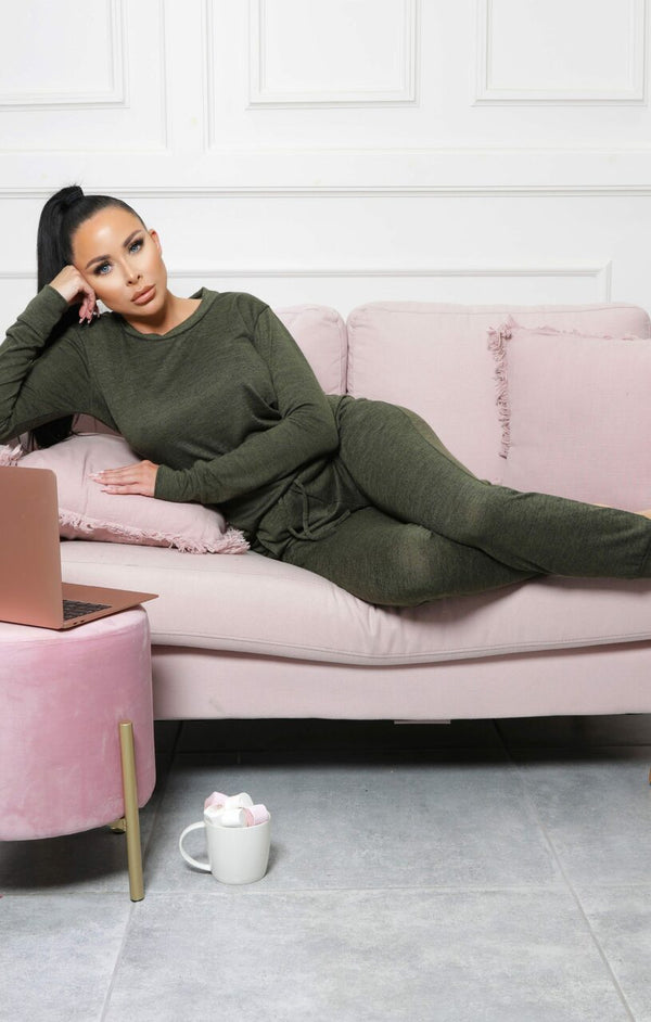 Femme Luxe Khaki Loungewear Tracksuit Set - Maria