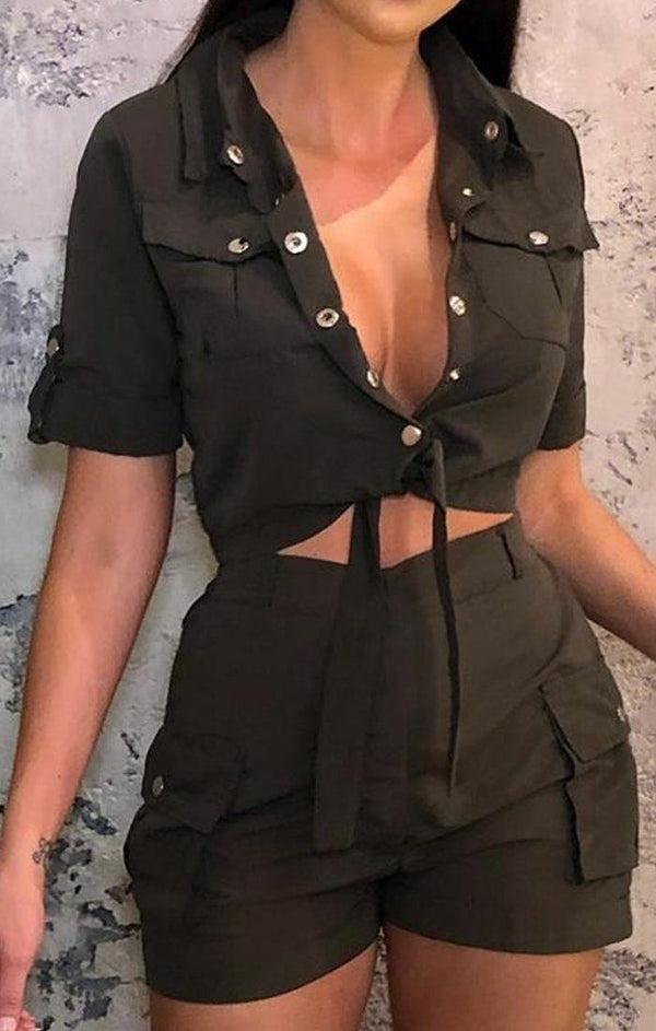 Femme Luxe Khaki Pop Button Shorts Co-Ord - Andrea