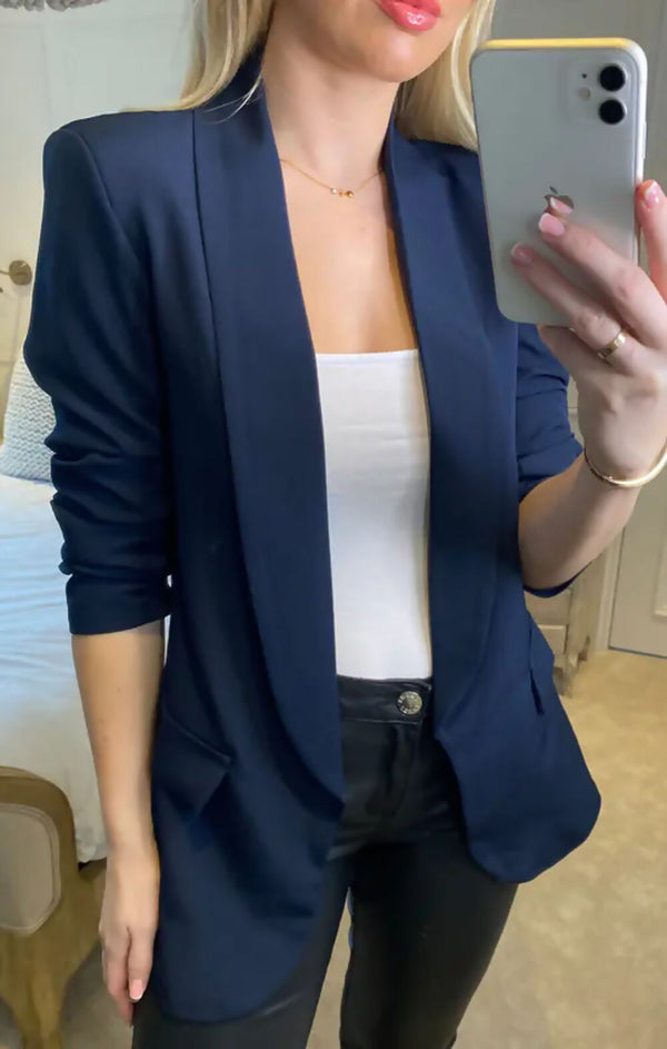Femme Luxe Navy Long Sleeve Pocket Blazer - Tenely