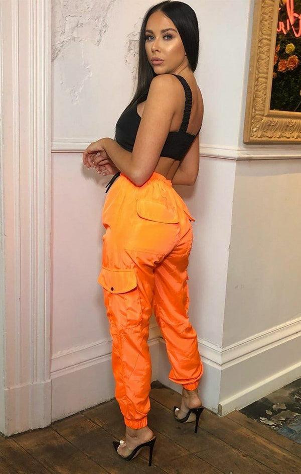 Femme Luxe Neon Orange Cuffed Cargo Trousers - Poppi
