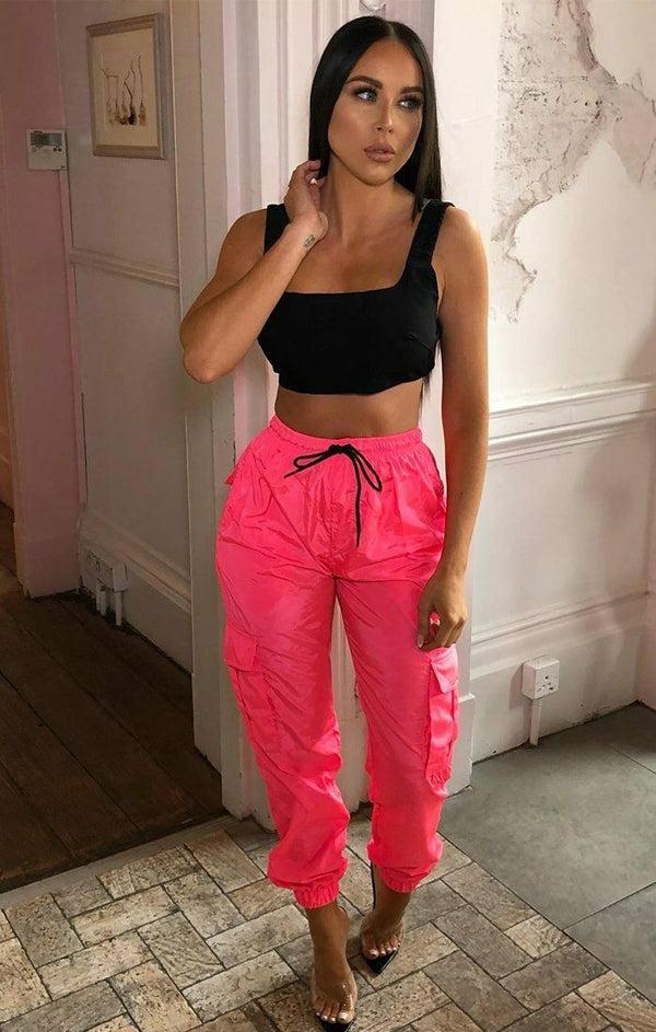 Femme Luxe Neon Pink Cuffed Cargo Trousers - Poppi