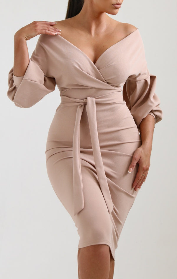 Femme Luxe Nude Belted Bodycon Midi Dress - Angelica