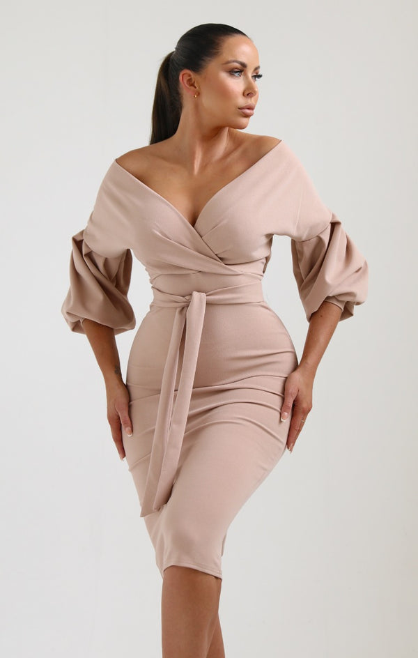 Femme Luxe Nude Belted Bodycon Midi Dress - Angelica