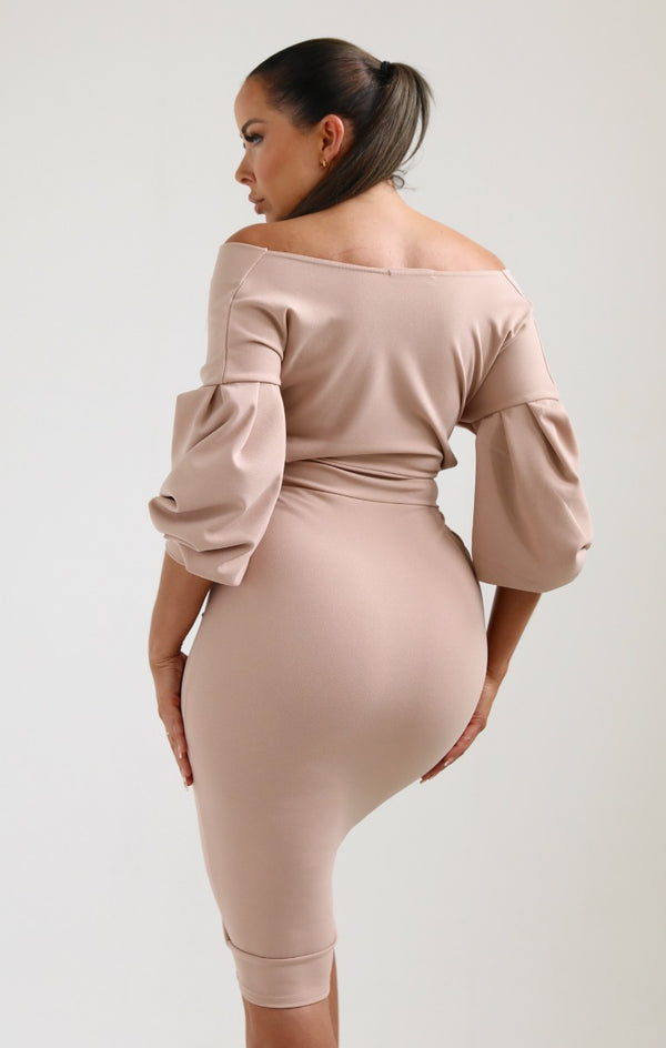 Femme Luxe Nude Belted Bodycon Midi Dress - Angelica