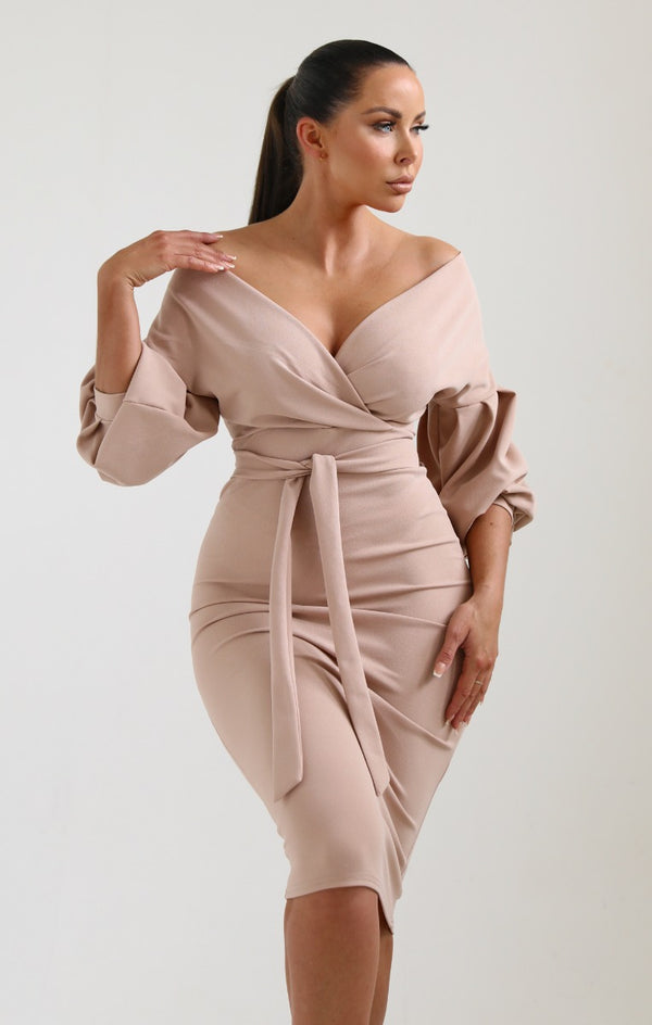 femme luxe Nude Belted Bodycon Midi Dress - Angelica