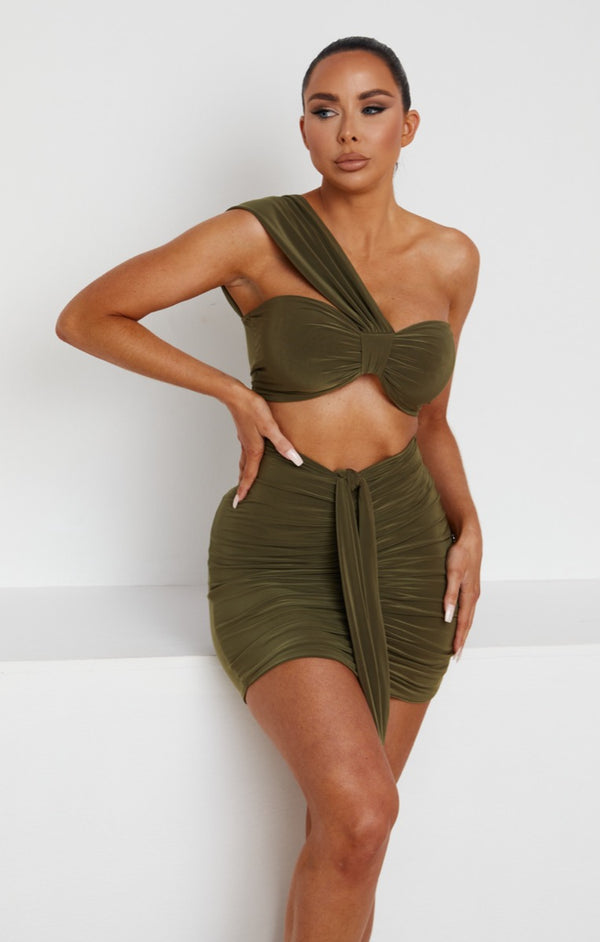 Femme Luxe Olive Ruched Knot Skirt - Carter
