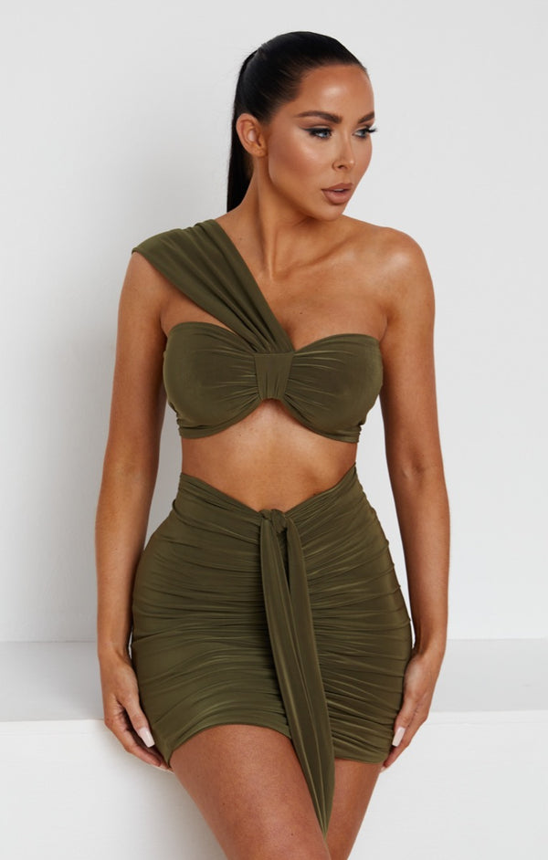 Femme Luxe Olive Ruched Knot Skirt - Carter