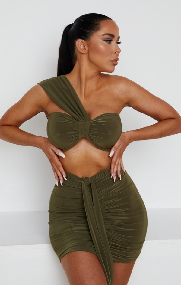 Femme Luxe Olive Ruched Knot Skirt - Carter
