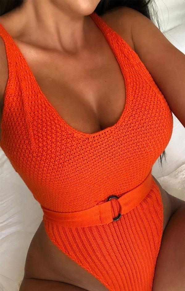 Femme Luxe Orange Knitted Belted Bodysuit - Alma