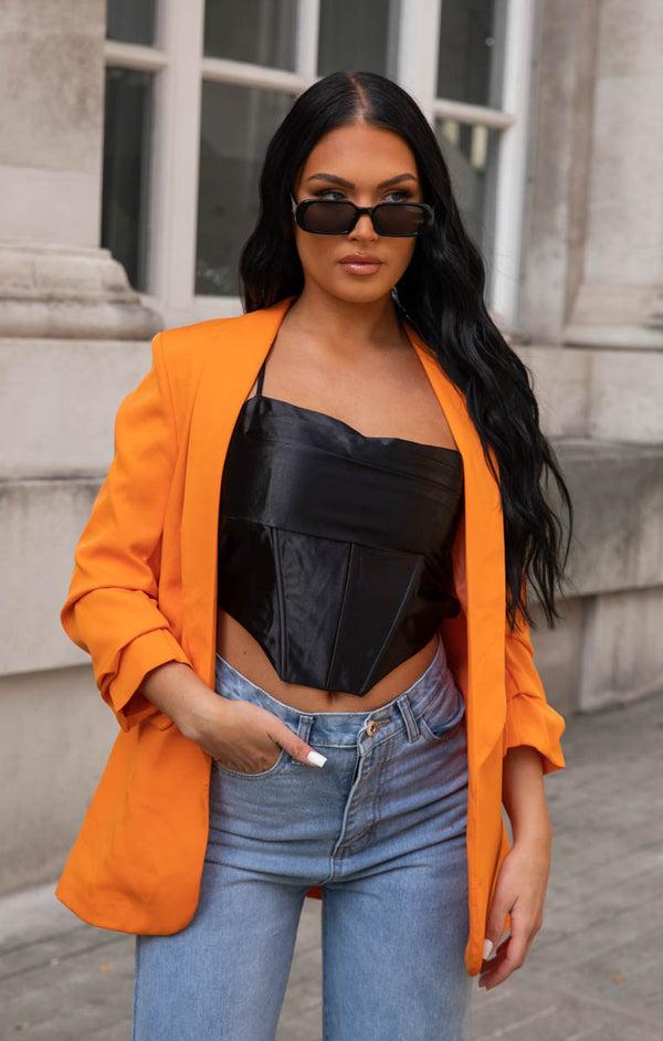 Femme Luxe Orange Long Sleeve Pocket Blazer - Tenely