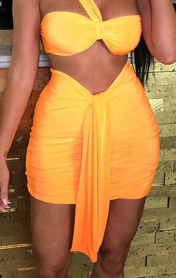 Femme Luxe Orange Ruched Knot Skirt - Carter