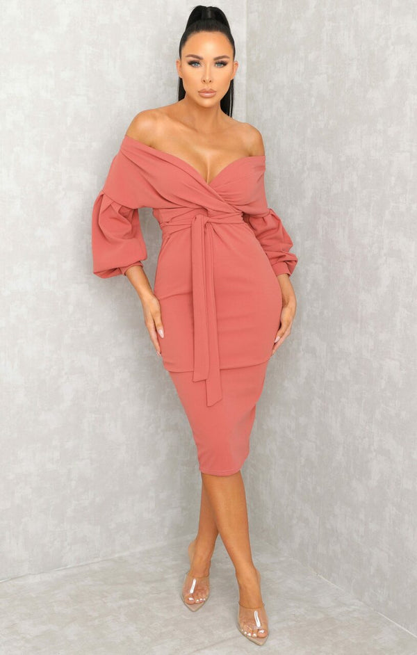 Femme Luxe Pink Belted Bodycon Midi Dress - Angelica