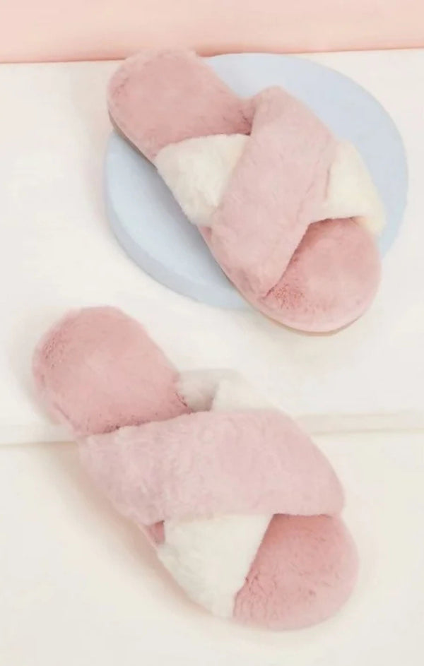 Femme Luxe Pink Fluffy Cross Strap Slippers - Myra