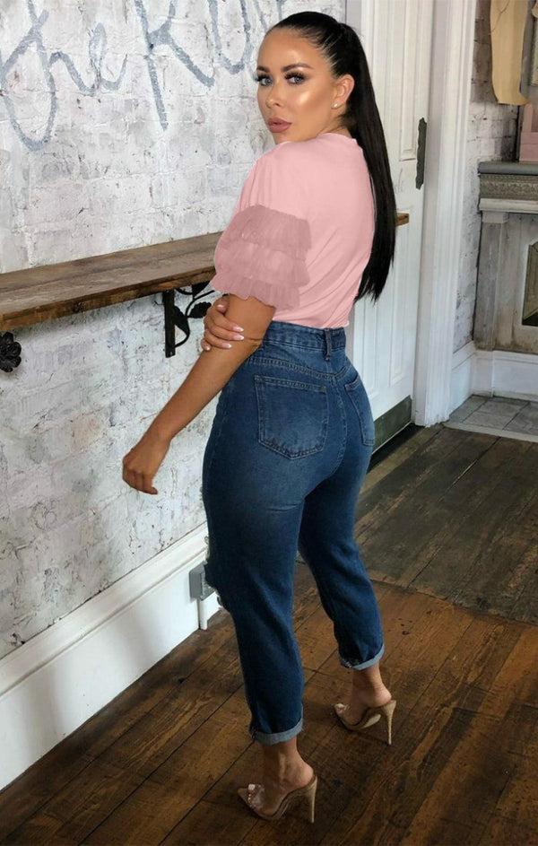 Femme Luxe Pink Mesh Ruffle Sleeve T-Shirt - Laura