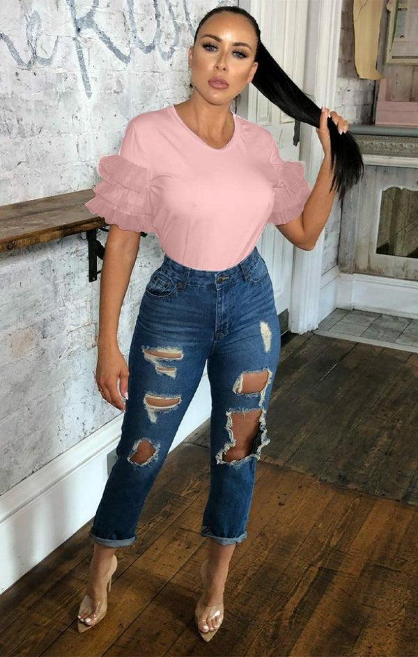 femme luxe Pink Mesh Ruffle Sleeve T-Shirt - Laura