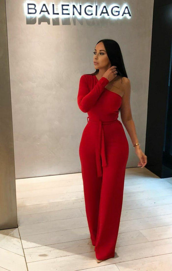 Femme Luxe Red Belted One Shoulder Jumpsuit - Evelyn