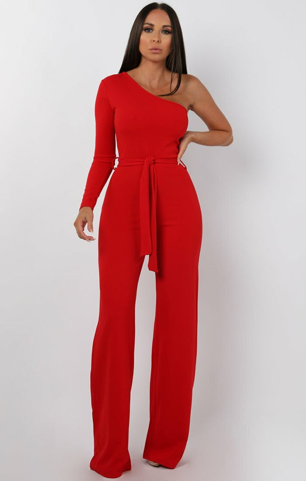 Femme Luxe Red Belted One Shoulder Jumpsuit - Evelyn