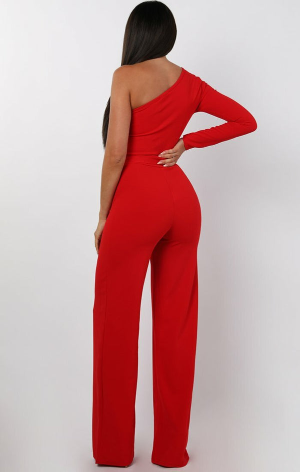 Femme Luxe Red Belted One Shoulder Jumpsuit - Evelyn