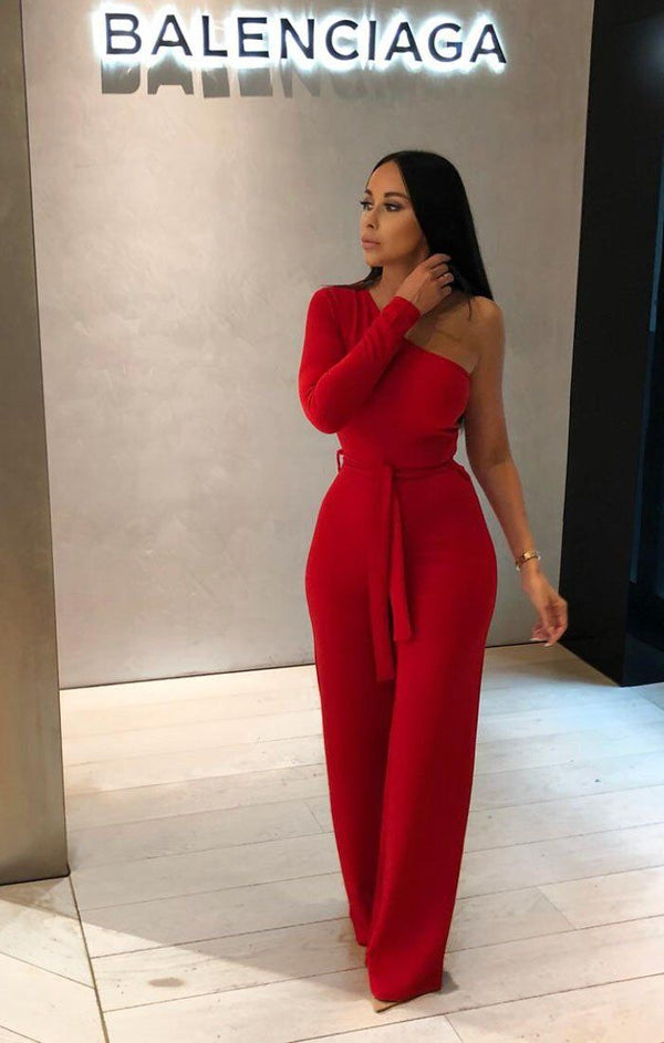 femme luxe Red Belted One Shoulder Jumpsuit - Evelyn