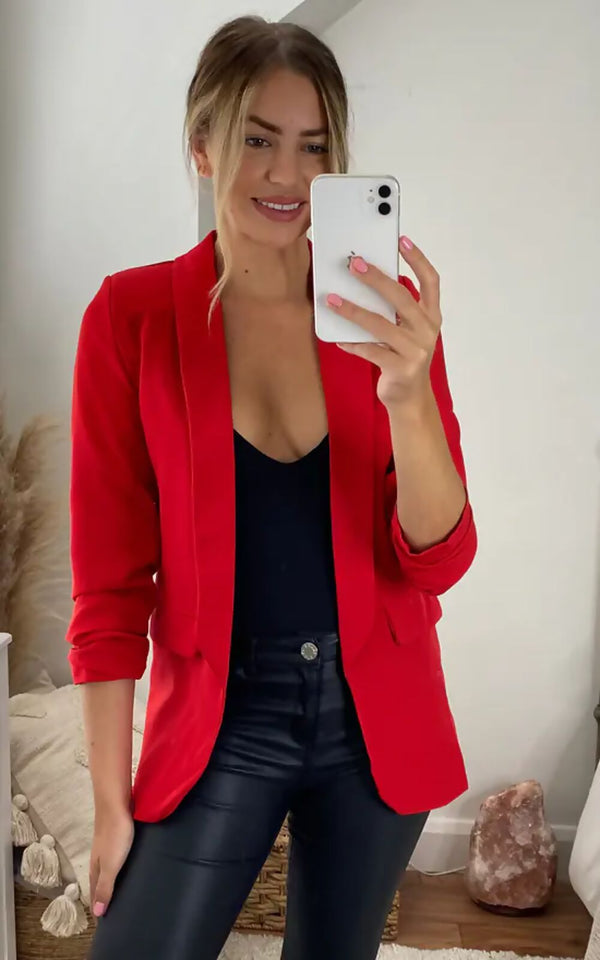 Femme Luxe Red Long Sleeve Pocket Blazer - Tenely
