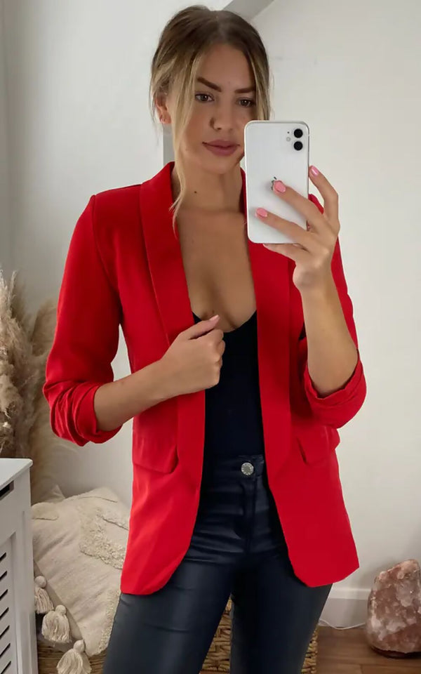 Femme Luxe Red Long Sleeve Pocket Blazer - Tenely