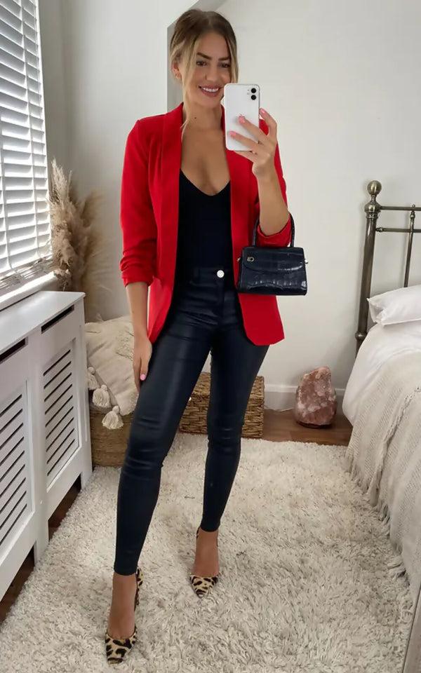 femme luxe Red Long Sleeve Pocket Blazer - Tenely