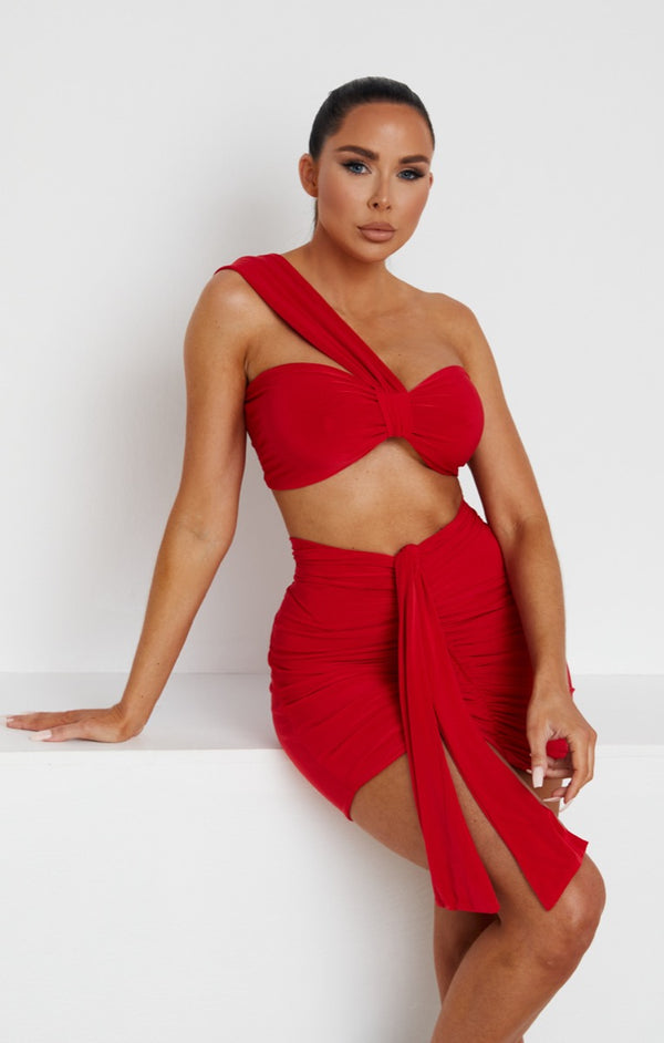 Femme Luxe Red Ruched Knot Skirt - Carter