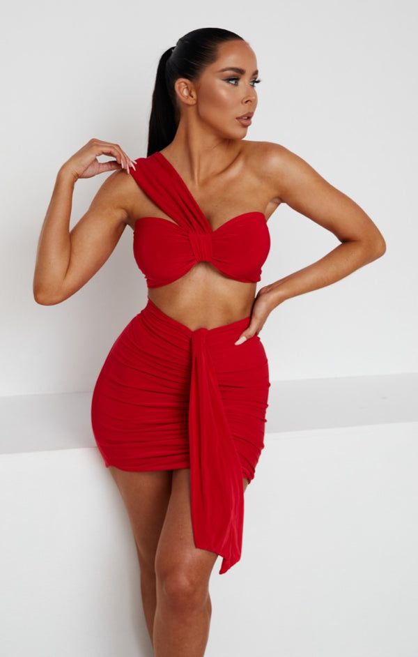 Femme Luxe Red Ruched Knot Skirt - Carter