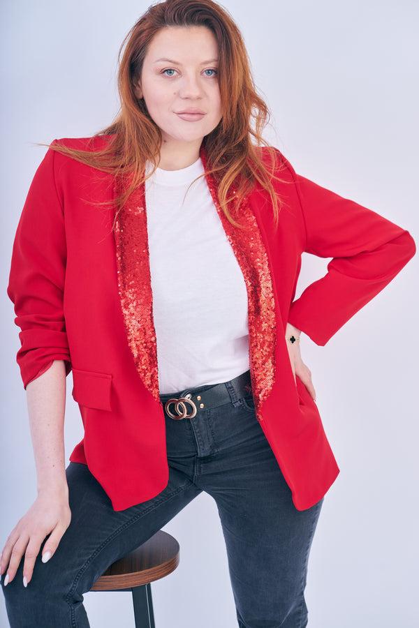 Femme Luxe Red Sequin Lapel Blazer - Ever