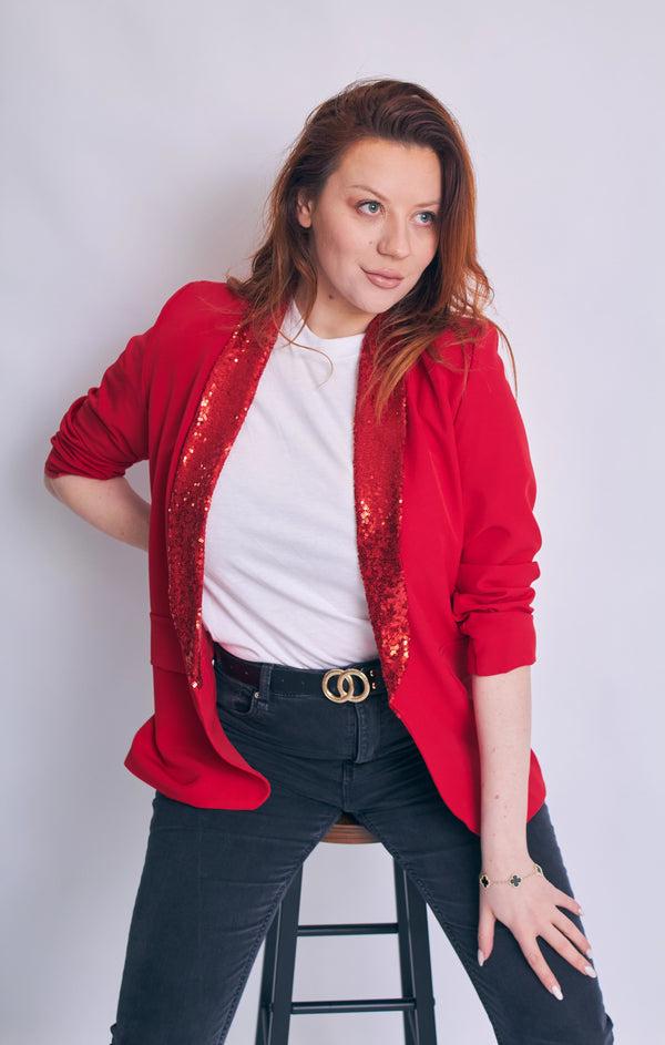 femme luxe Red Sequin Lapel Blazer - Ever