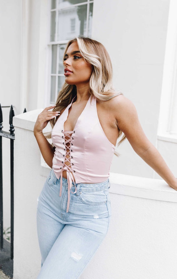 Femme Luxe Rose Halterneck Lace Up Crop Top - Lulu