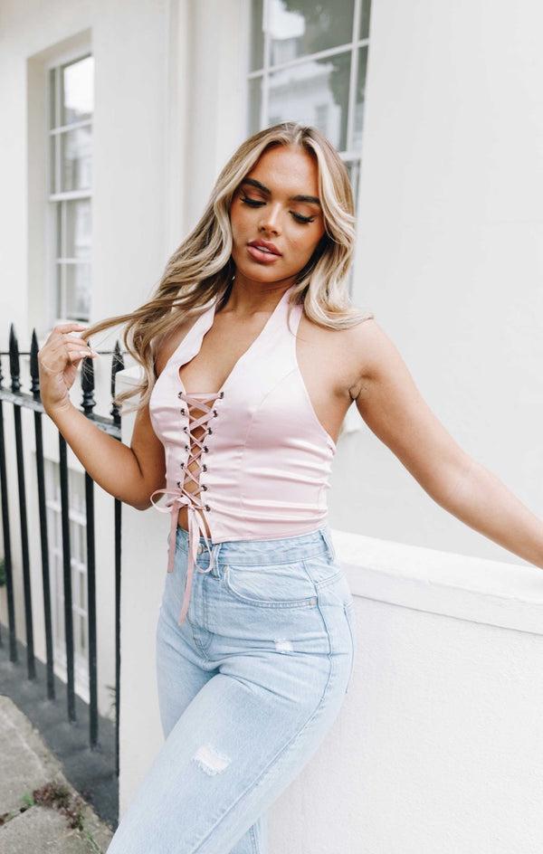 Femme Luxe Rose Halterneck Lace Up Crop Top - Lulu