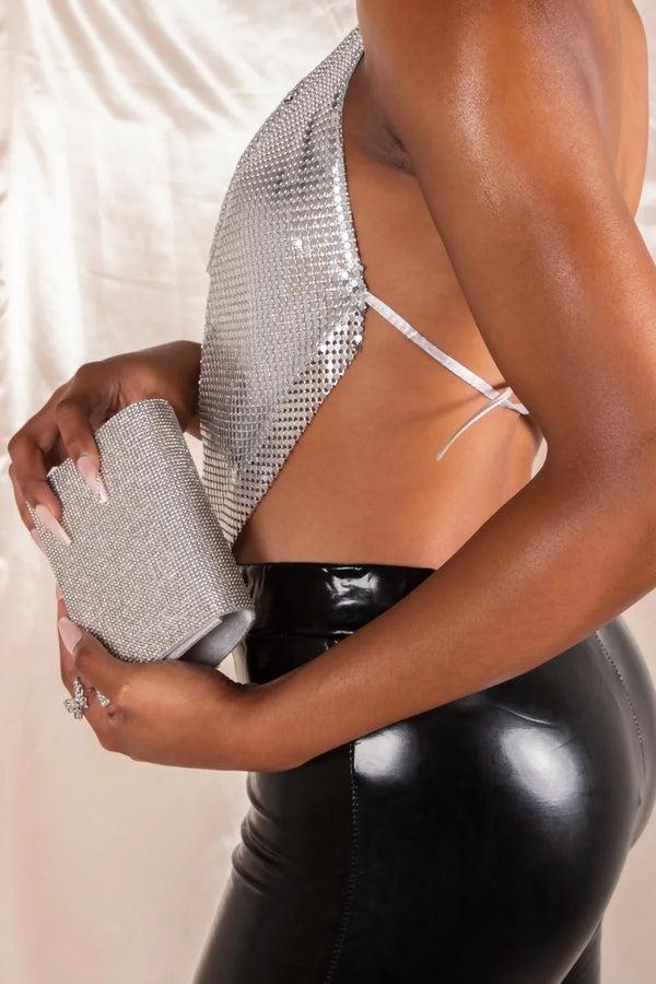 femme luxe Silver Crossbody Chain Clutch Bag - Laura