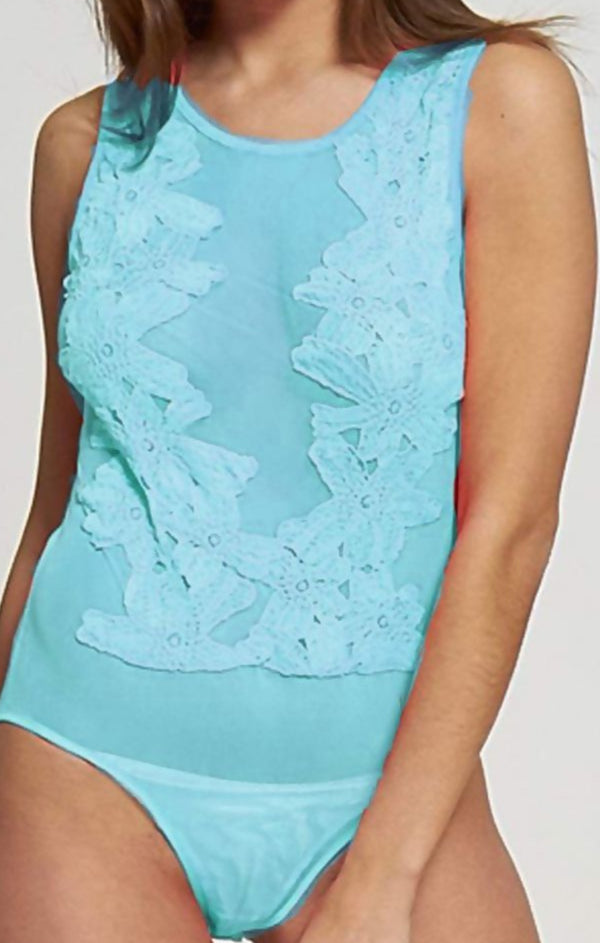 Femme Luxe Sky Blue Floral Mesh Bodysuit - Zafrina
