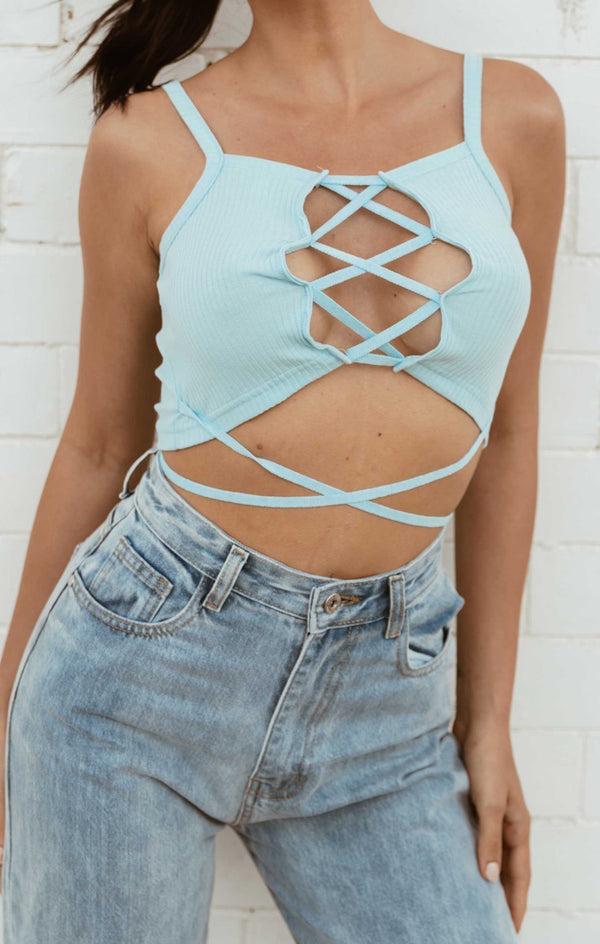 Femme Luxe Sky Blue Lace Up Back Crop Top - Bethen