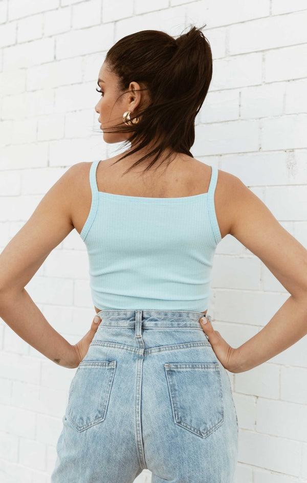 Femme Luxe Sky Blue Lace Up Back Crop Top - Bethen