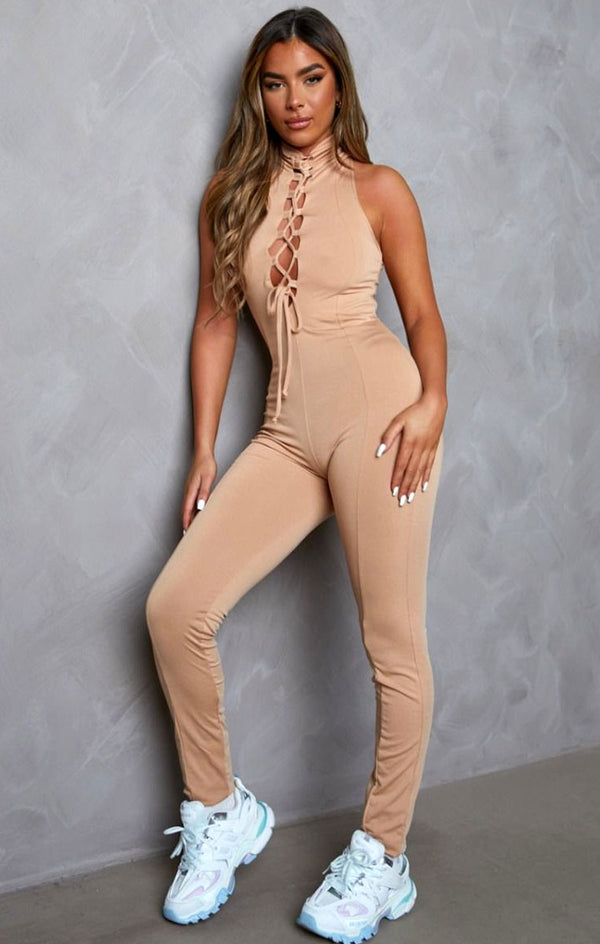 femme luxe Stone Lace Up Front Jumpsuit - Cyra