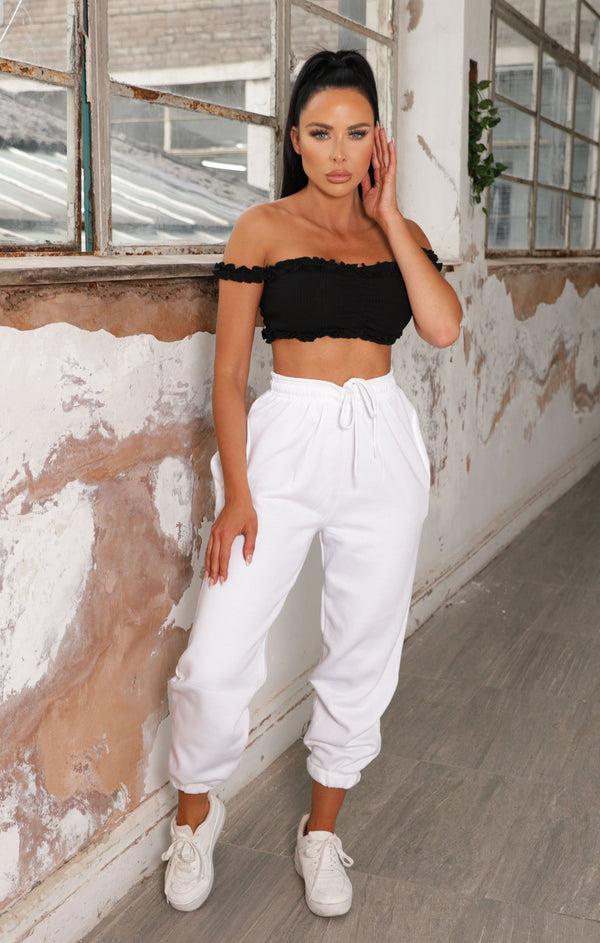 femme luxe White Cuffed Joggers - Lizzie