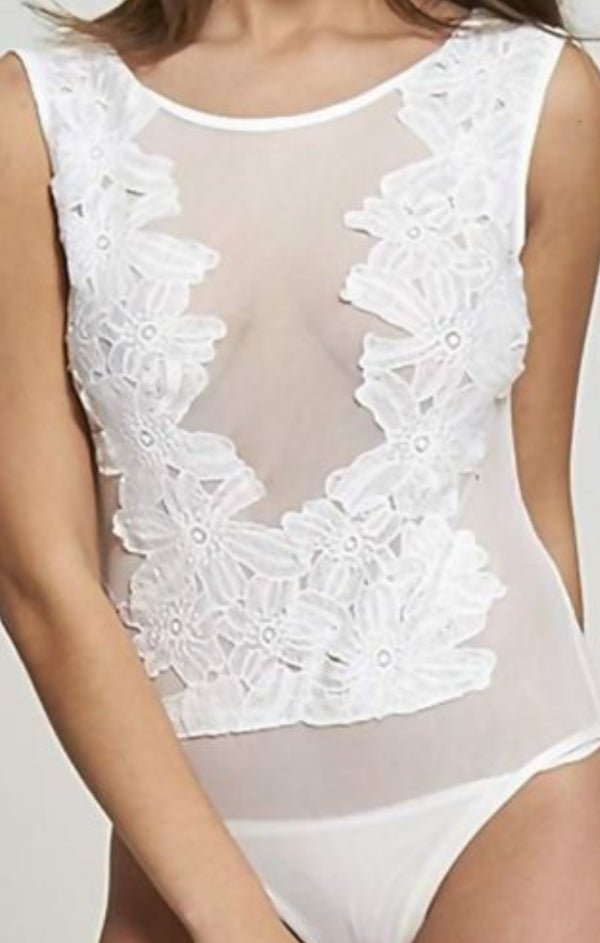 Femme Luxe White Floral Mesh Bodysuit - Zafrina