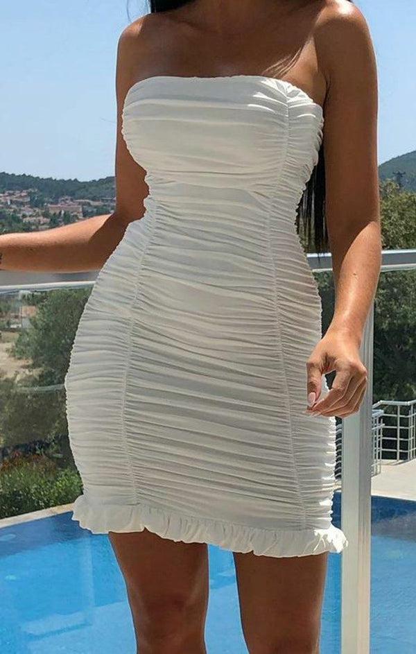 Femme Luxe White Strapless Ruched Mini Dress - Mak