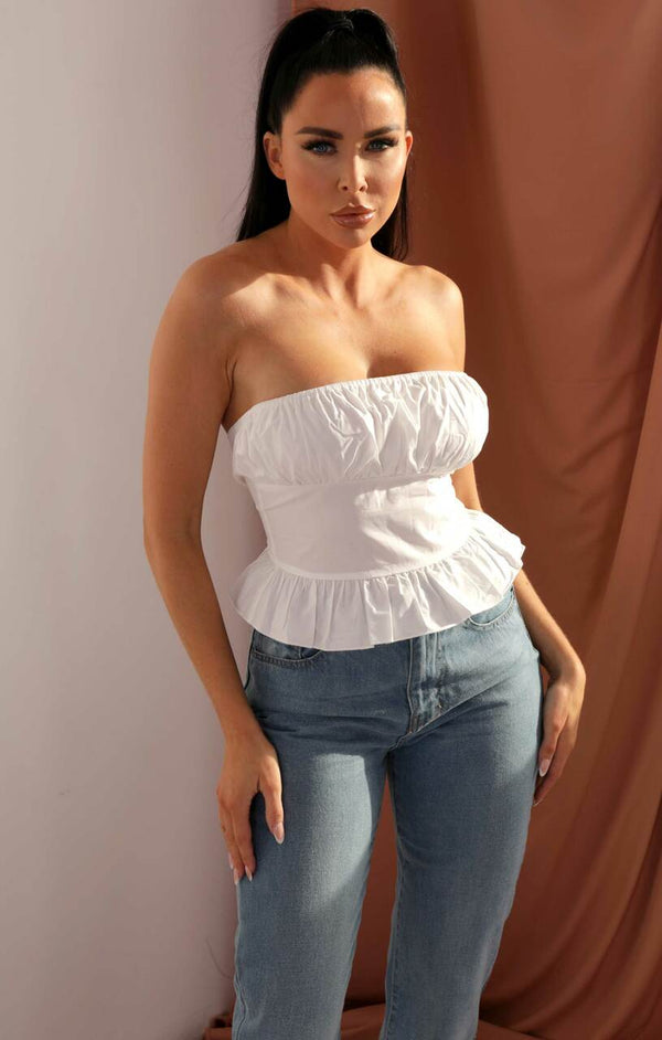 femme luxe White Strapless Ruffle Hem Top - Zhavia