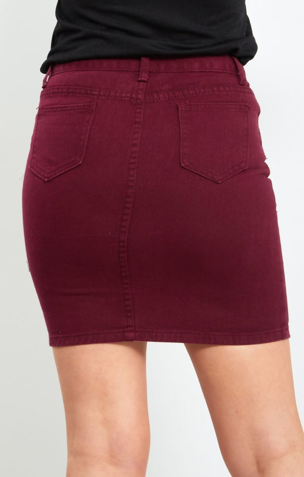 Femme Luxe Wine Distressed Denim Skirt - Donelia