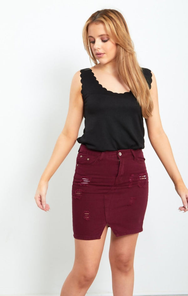 Femme Luxe Wine Distressed Denim Skirt - Donelia