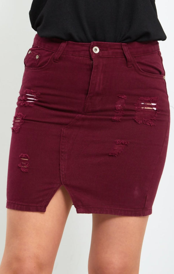 Femme Luxe Wine Distressed Denim Skirt - Donelia